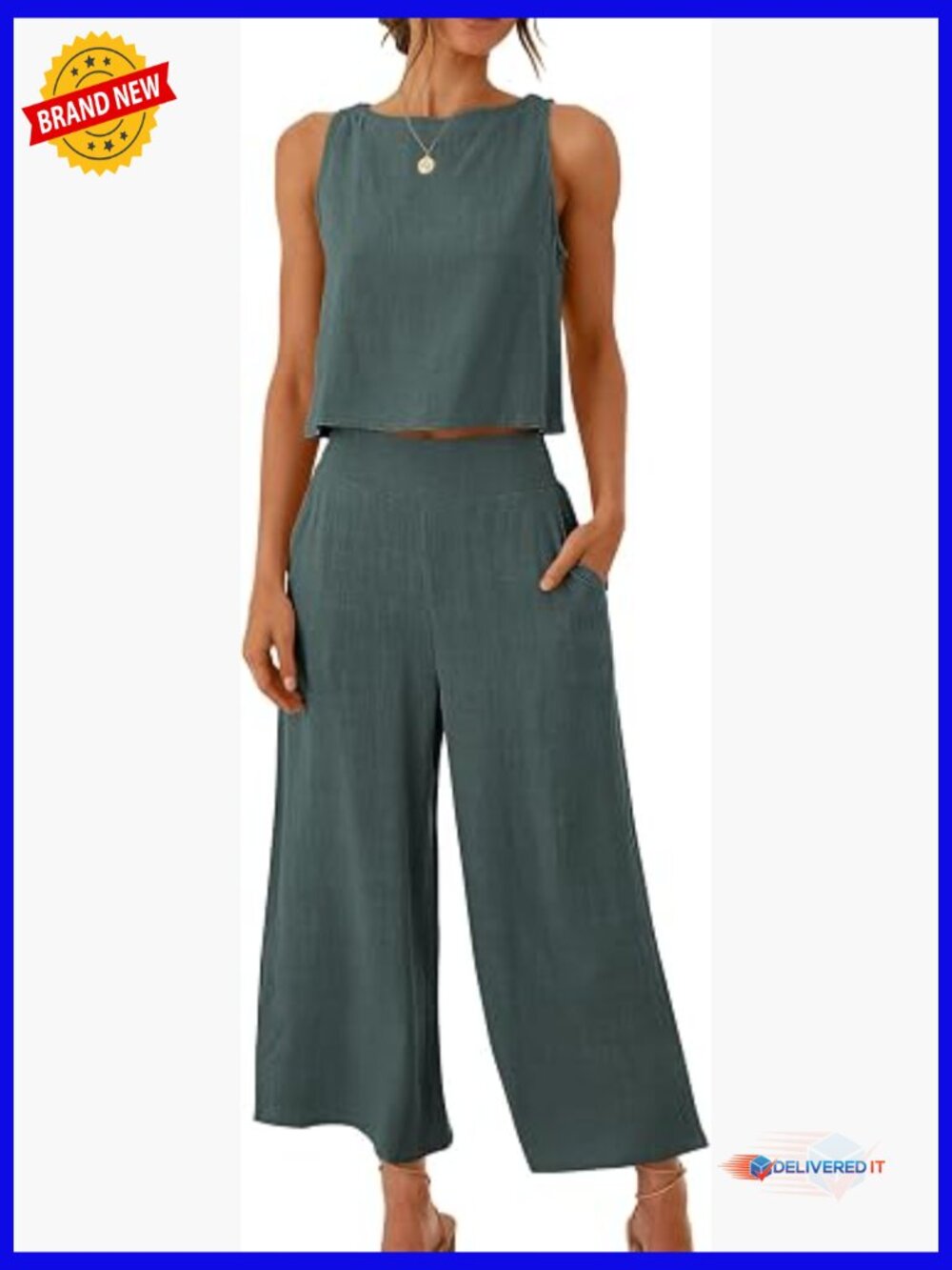 Women's 2 Piece Outfit Sleeveless Crop Top Wide Leg Pants Jumpsuit Linen Lounge
